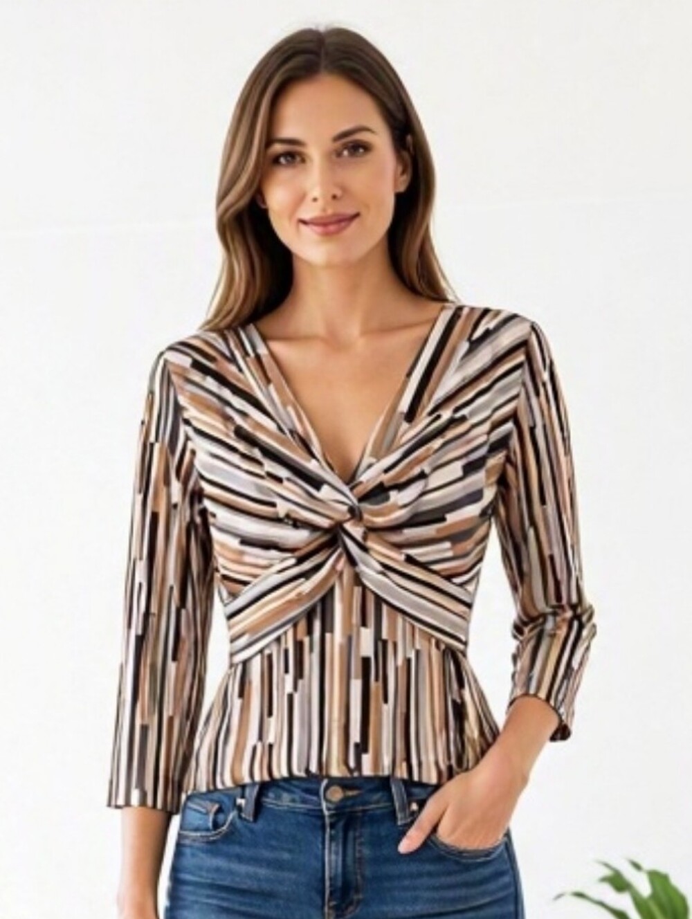 TAILOR Sexy Twist-Front 3/4 Sleeve Top with Back Tie - Black Cream Tan Gray - L